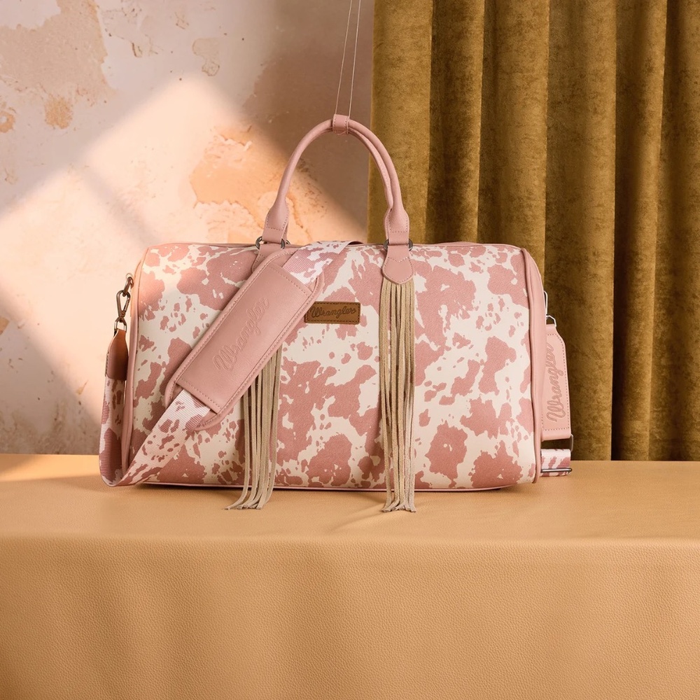 Wrangler Cow Print Fringe Duffle/Crossbody- Dark Pink - Picture 3 of 6
